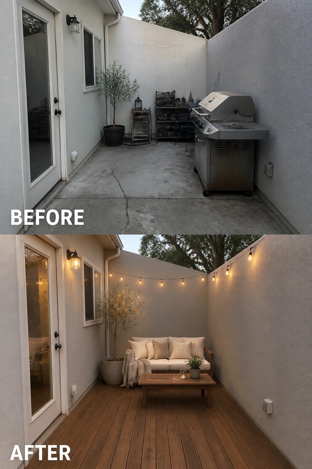 Before-and-after image of a narrow concrete side patio converted into a wood-decked seating area with a small sofa, coffee table, and string lights.