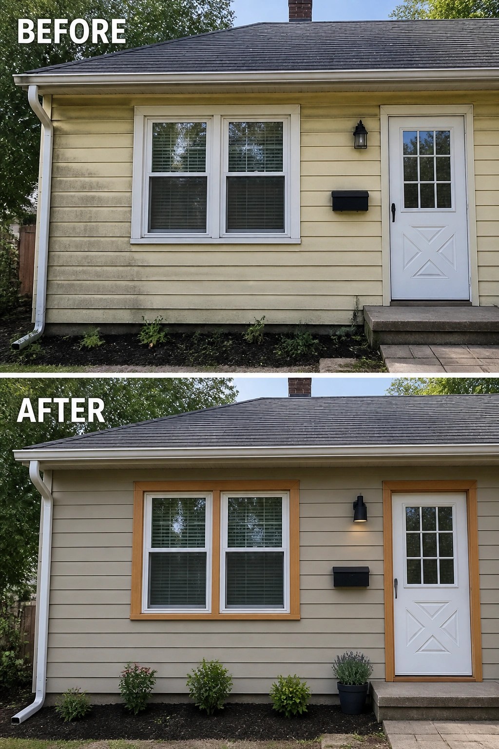 Before-and-after image of a small house exterior showing dingy yellow siding refreshed with soft neutral paint and warm wood trim around the windows and door, plus