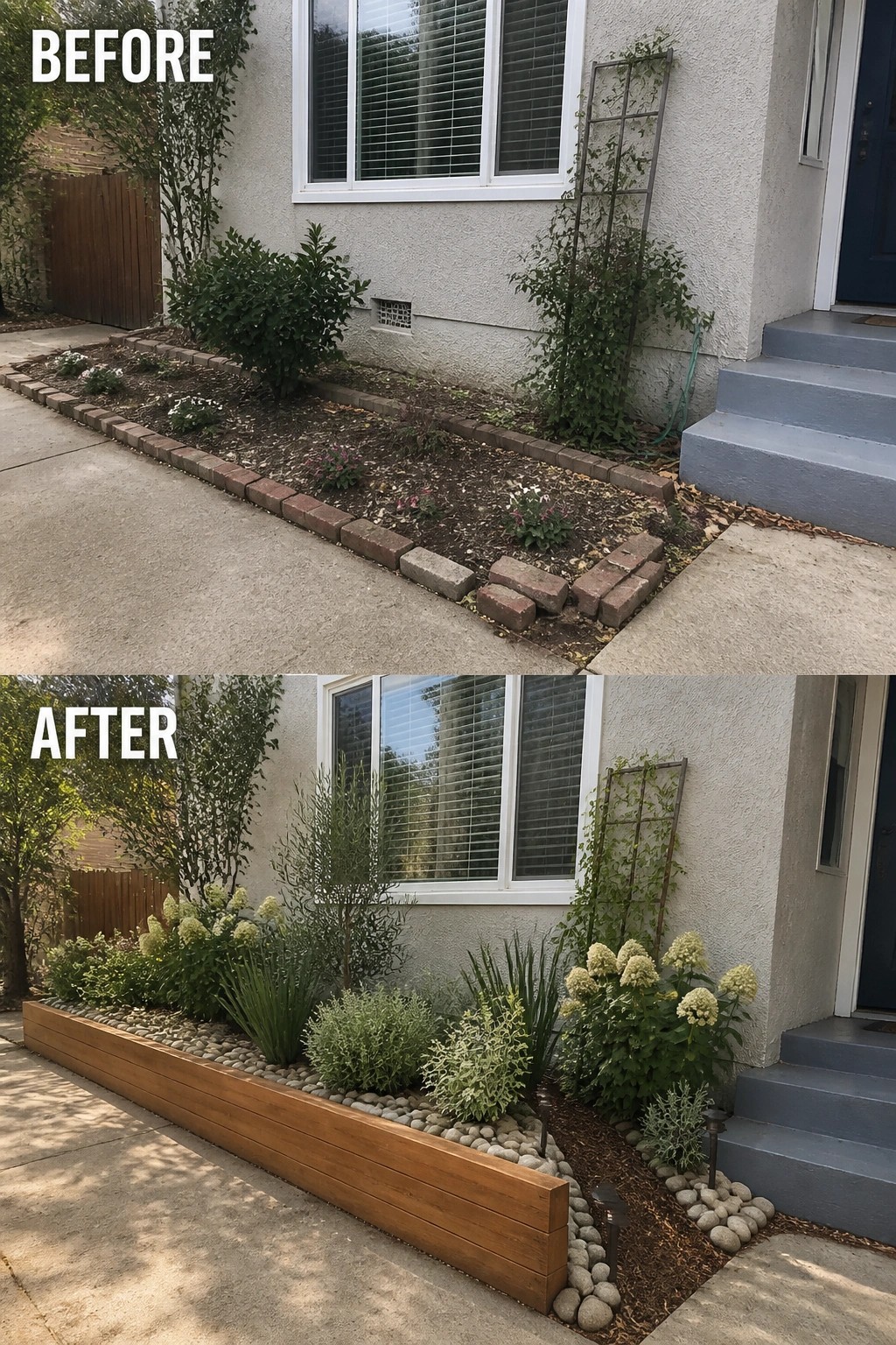 Front yard transformation: bare brick bed replaced by wooden planter, river rocks, lush shrubs