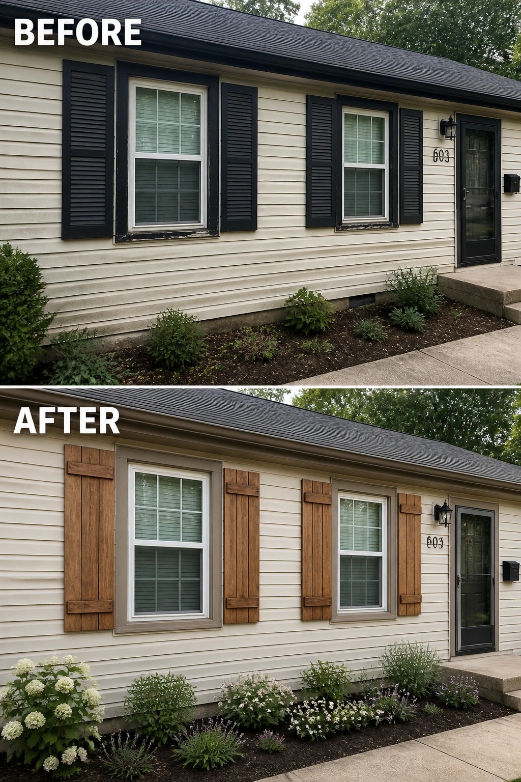 Before-and-after image of a single-story house where old black louvered shutters were replaced with warm wooden plank shutters and the window trim was refreshed.