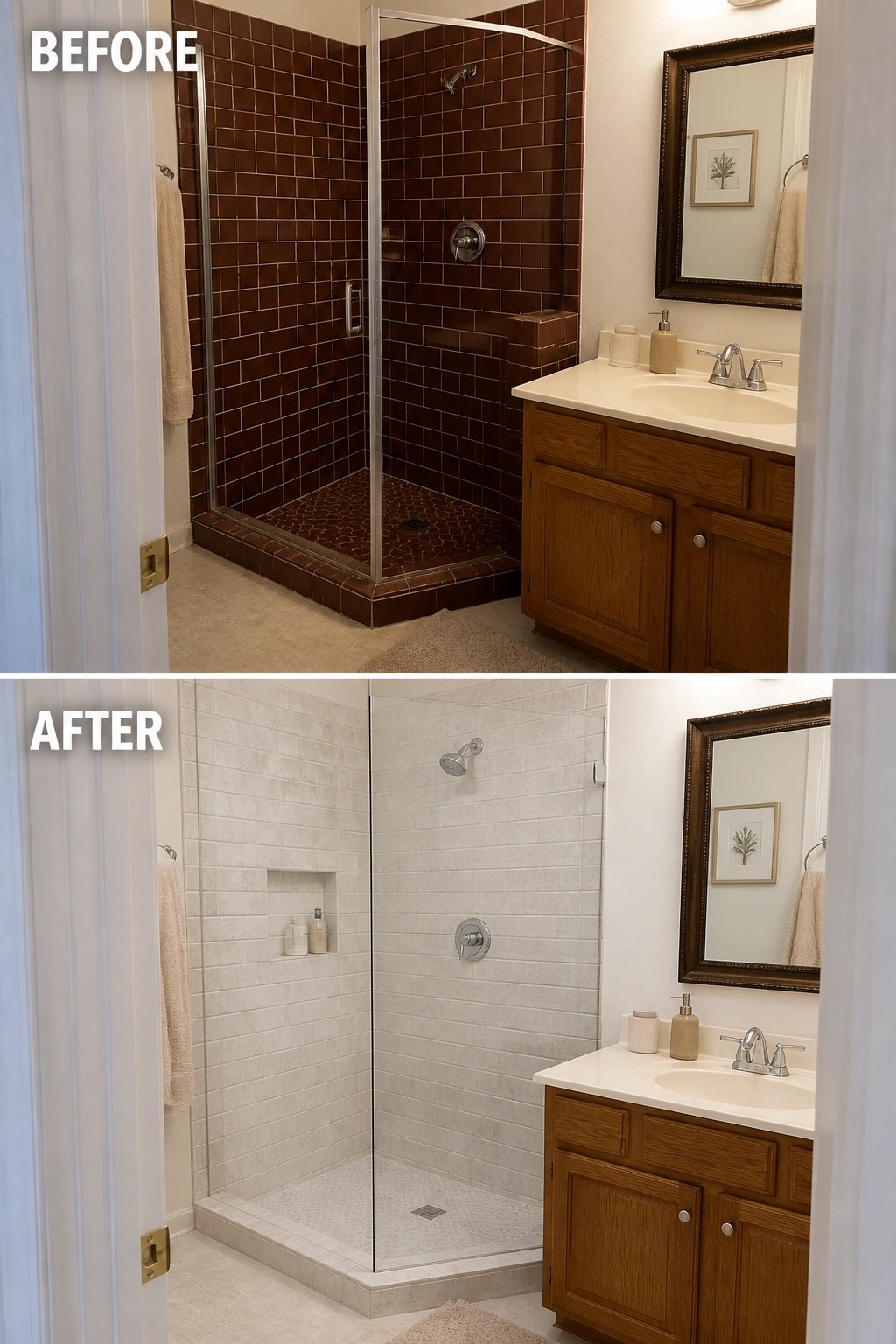 Before-and-after image of a bathroom where a dark brown tiled shower is replaced with light whitewashed tile and a frameless glass panel.