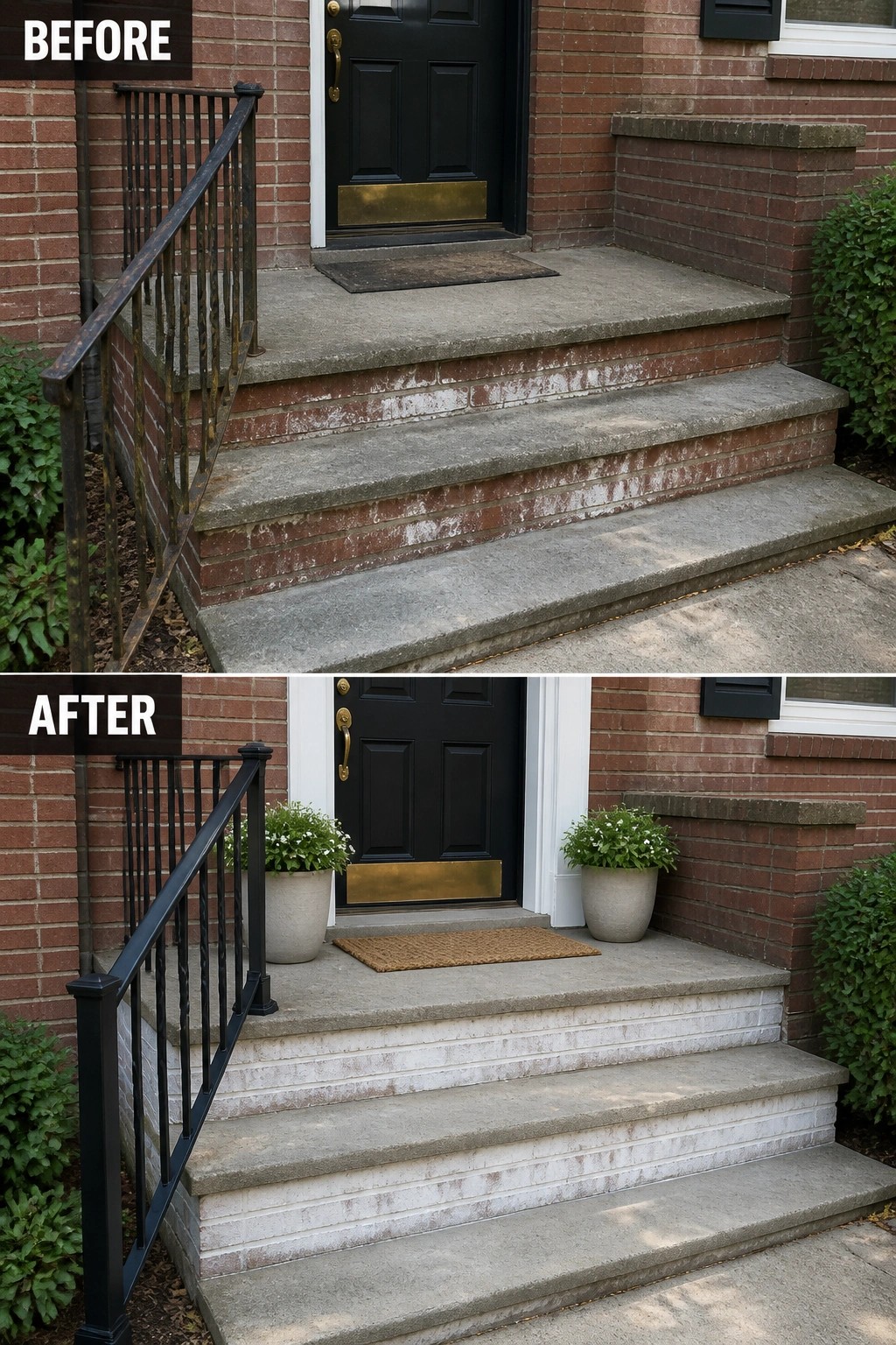 Before-and-after image of a front porch where the brick step risers have been whitewashed and simple planters plus a doormat have been added.