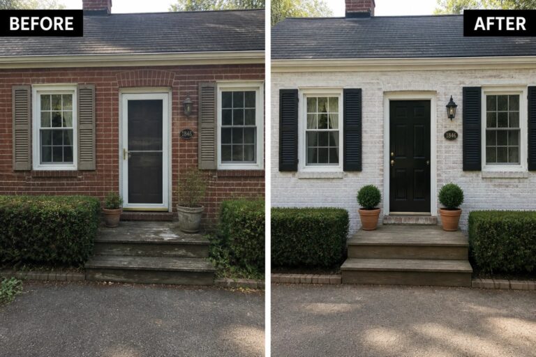 Before-and-after image of a brick house where the red brick is whitewashed and the pale door and shutters are replaced with black ones to update the front entry.