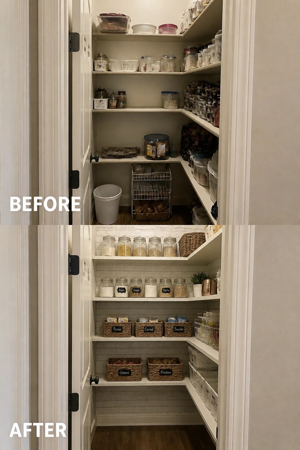 Before-and-after image of a small pantry updated with a whitewashed brick back wall and organized clear jars and wicker baskets.