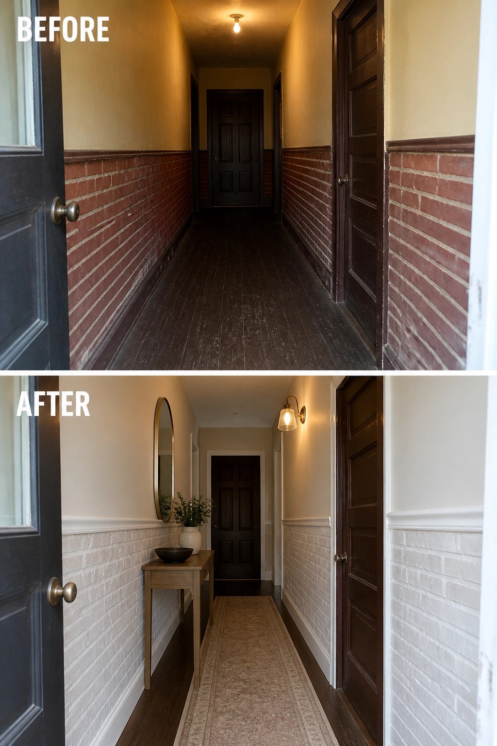 Before-and-after image of a narrow dark hallway updated by whitewashing the lower brick walls, adding trim, a slim console table, runner, mirror, and wall lighting.