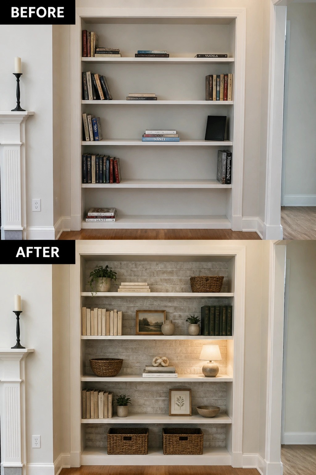 Before-and-after built-in white bookshelf: sparse books vs styled shelves with faux-brick, baskets, lamp.