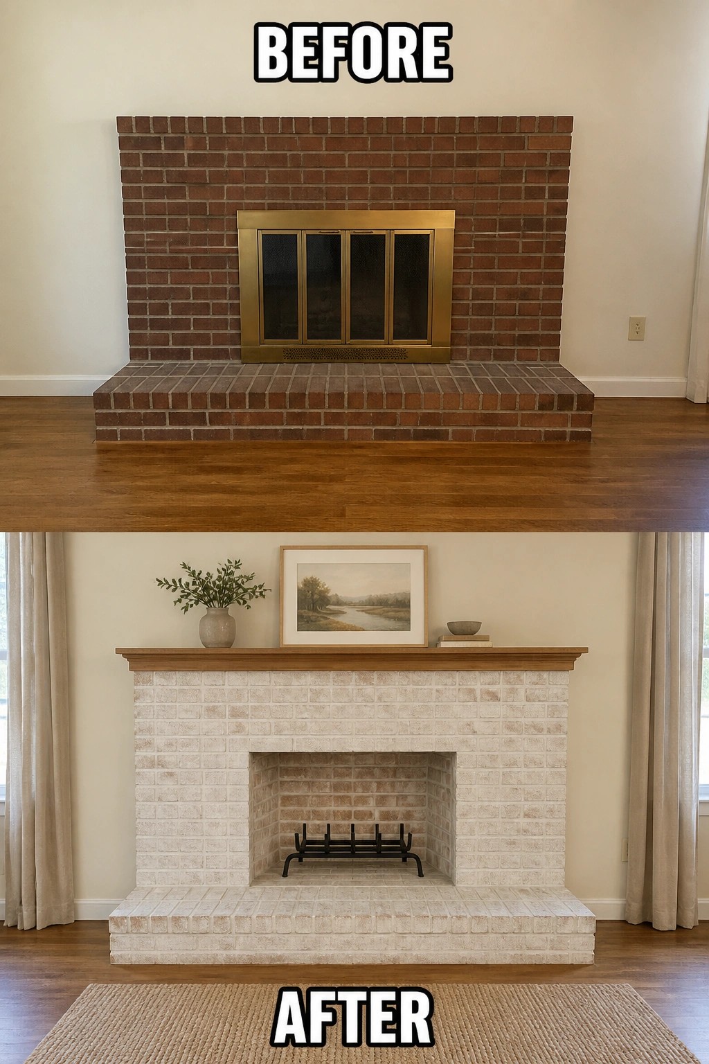 Before-and-after image of an indoor fireplace where dark red brick and a brass screen are whitewashed and updated with a wooden mantel and a simple fire grate.