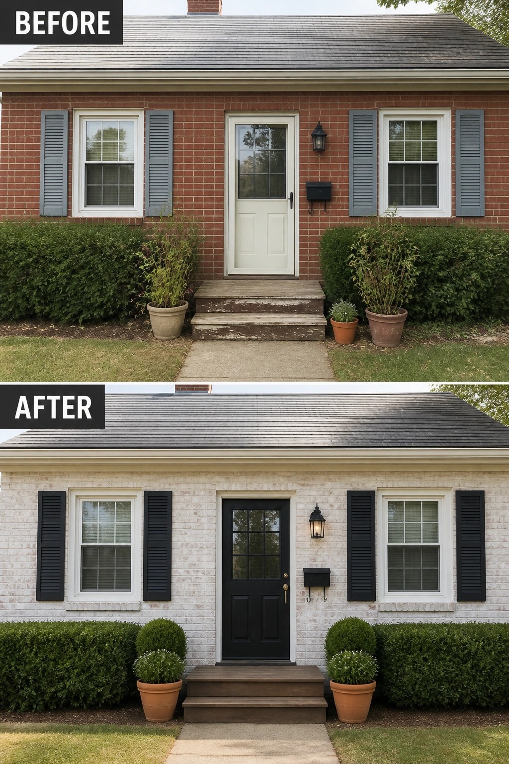 Before-and-after image of a brick house where the red brick is whitewashed and the pale door and shutters are replaced with black ones to update the front entry.