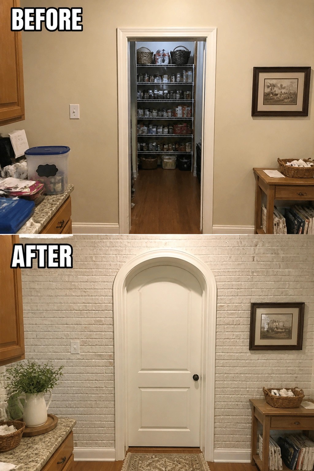 Before-and-after image of a kitchen doorway that was an open pantry and became a closed arched door set in a whitewashed brick accent wall.