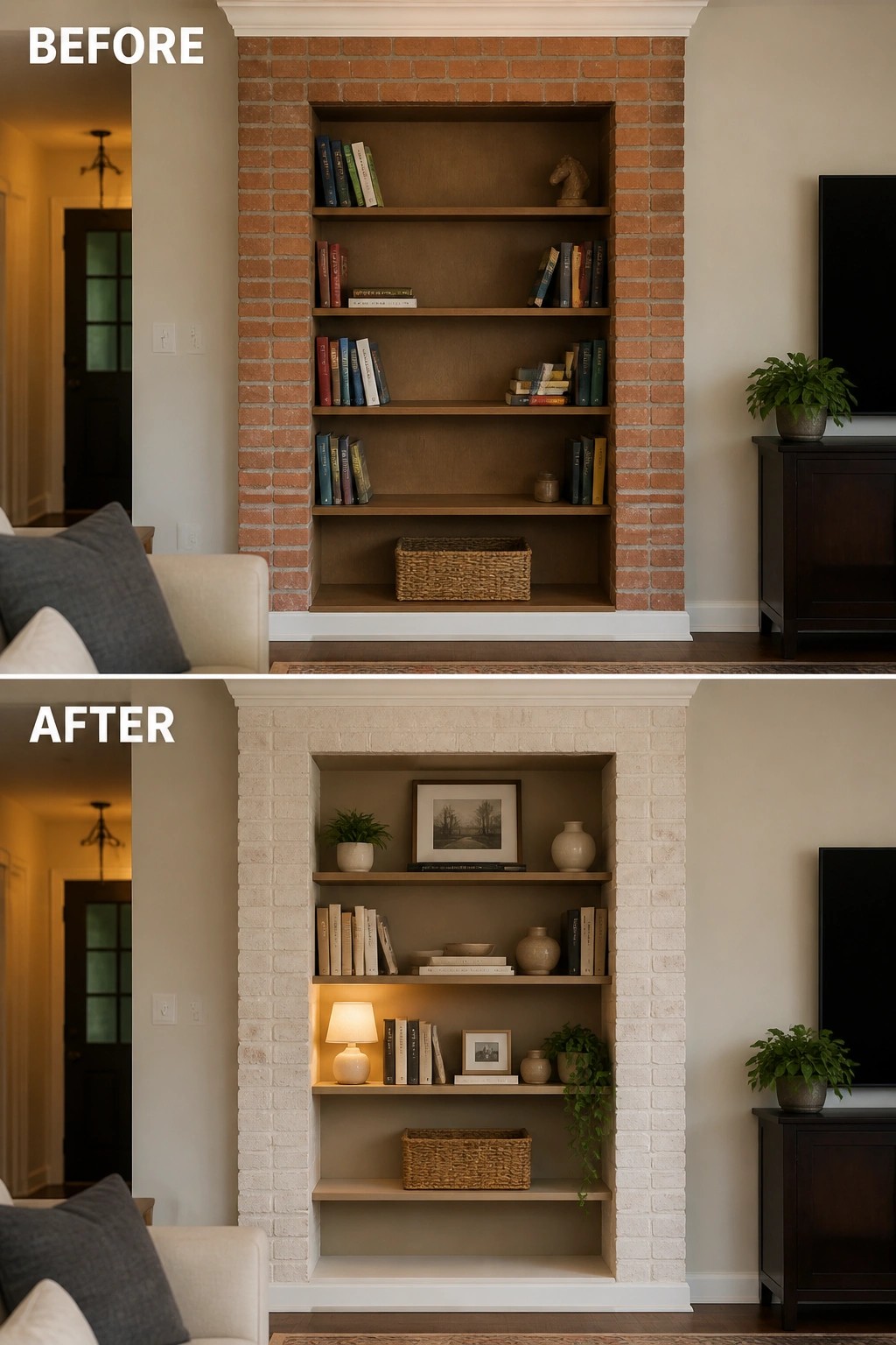 Before-and-after image of a living room built-in where red brick around a bookshelf is whitewashed and the shelves are restyled with neutral decor and a small lamp.