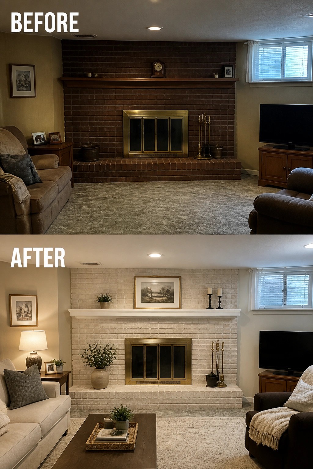 Before-and-after image of a living room where dark red-brown brick around a fireplace is whitewashed and restyled with a painted mantel and lighter furnishings.