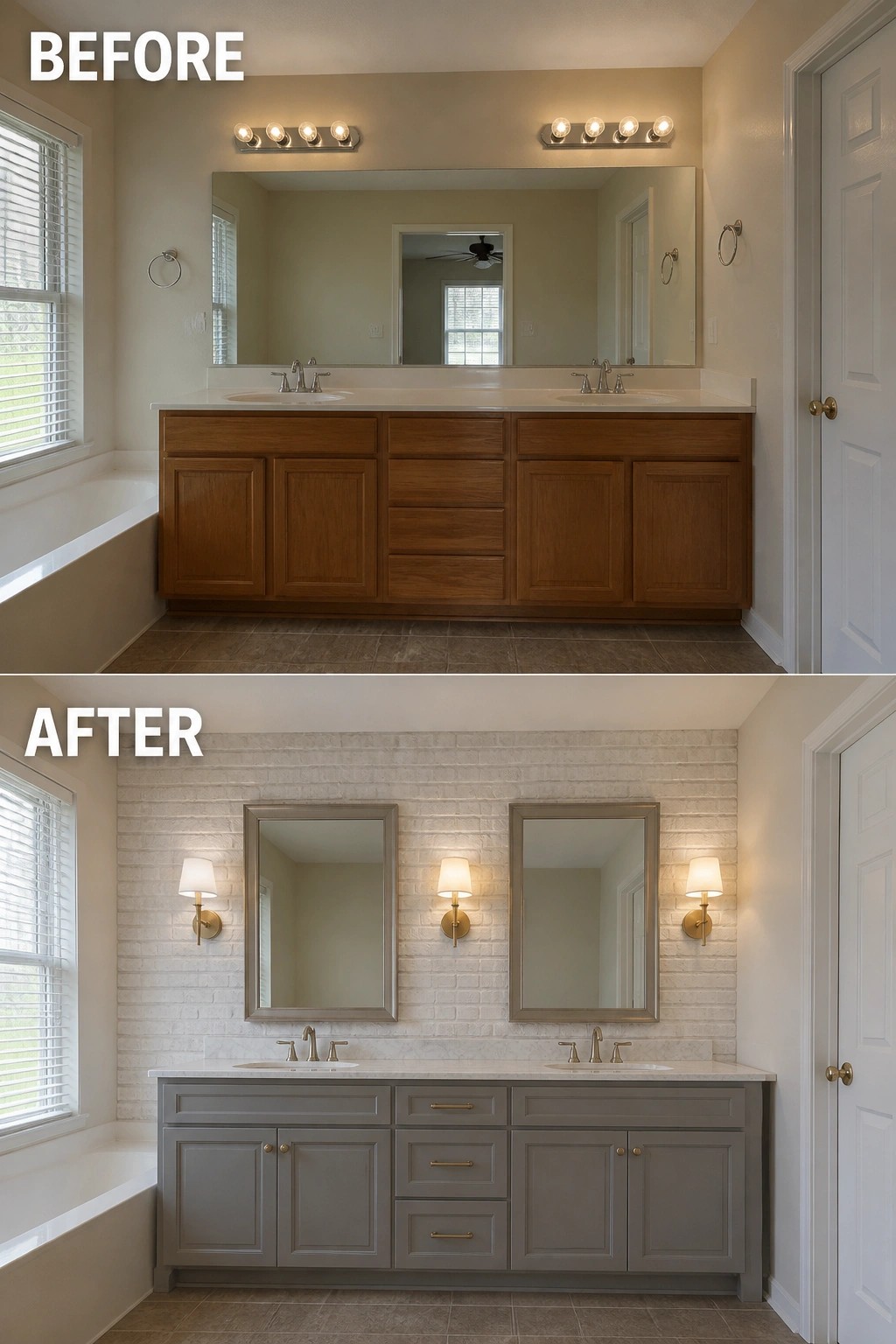 Before-and-after image of a bathroom where a plain wall and single mirror were updated with a whitewashed brick accent wall, two framed mirrors, and sconces above a new vanity.