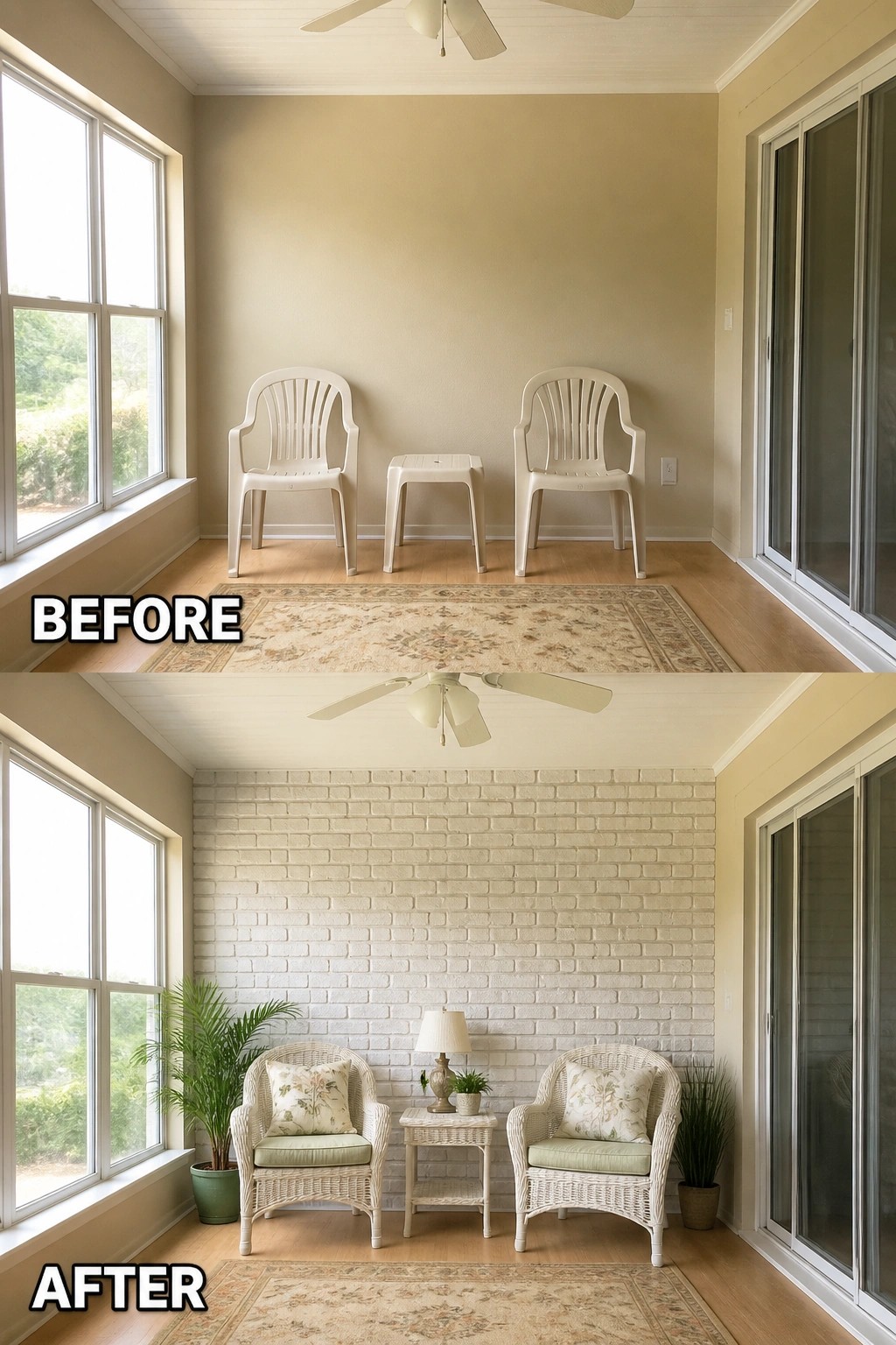 Before-and-after image of a plain sunroom updated with a whitewashed brick feature wall and a styled seating area with chairs and a small table.
