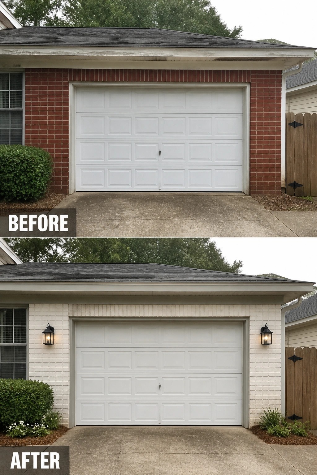 Before-and-after image of a single-car brick garage updated by whitewashing the red brick, adding wall lanterns and small planting beds.