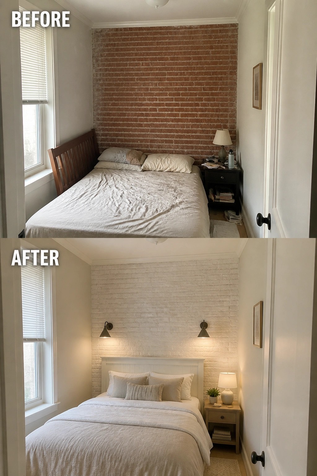Before-and-after image of a small bedroom where an exposed brick wall is whitewashed and styled with a headboard, wall sconces, and lighter bedding.