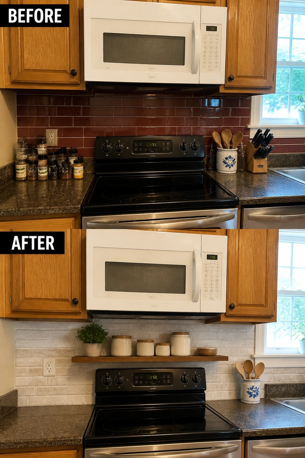 Before-and-after image of a kitchen showing a dark red brick backsplash replaced by a whitewashed brick backsplash with a wooden shelf and neutral canisters.