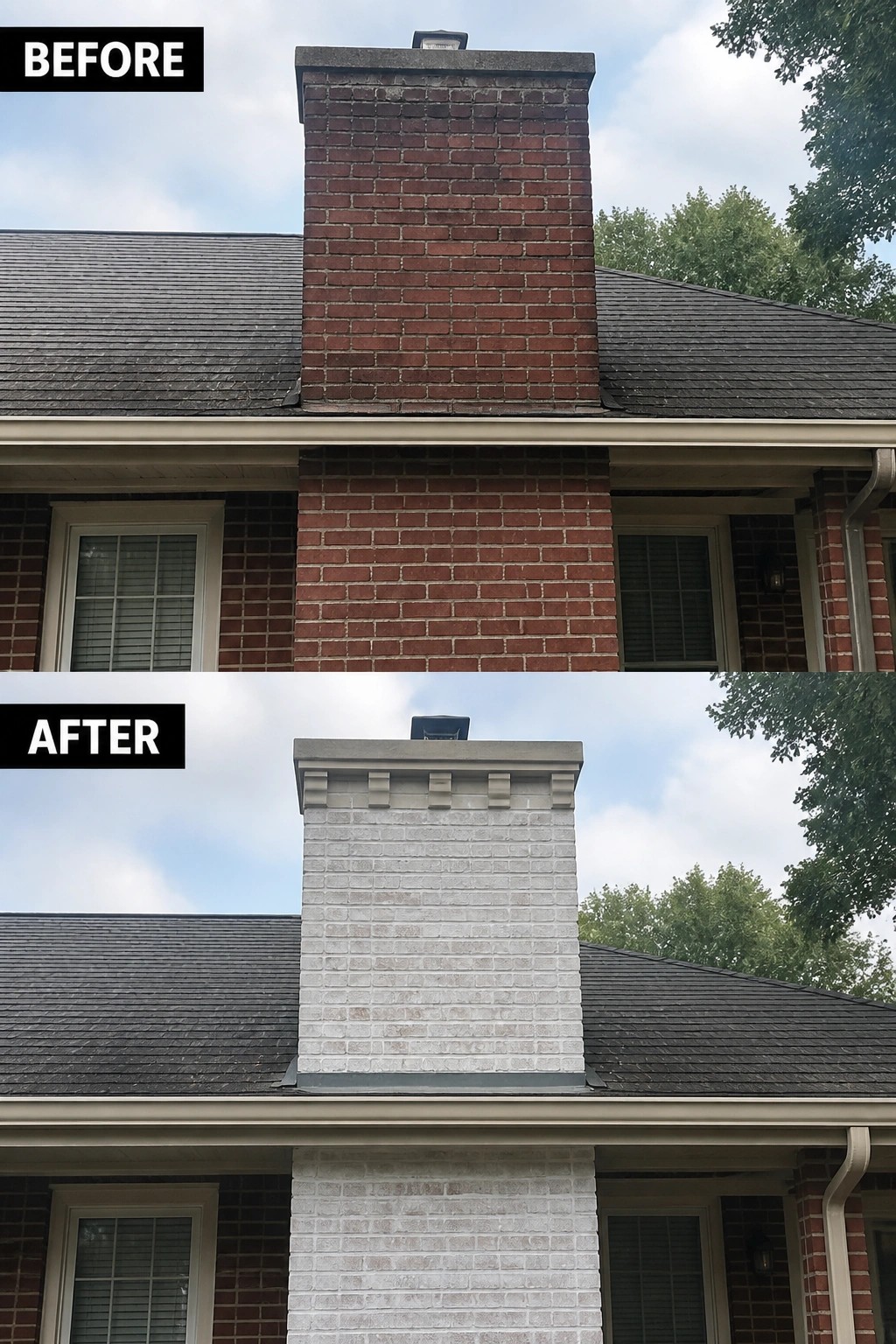 Before-and-after image of a house chimney showing original red brick and the same chimney after a whitewashed paint finish.