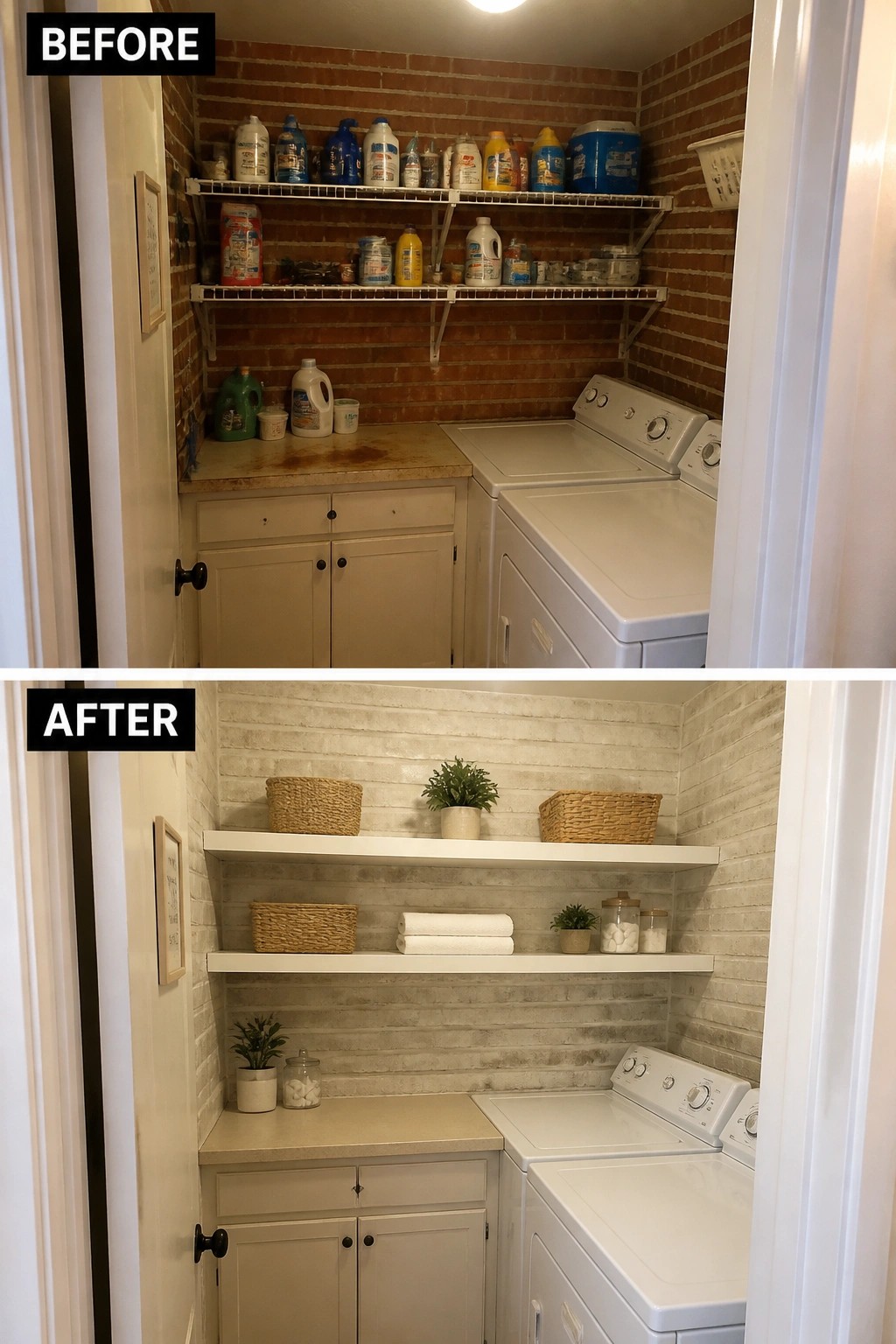Before-and-after image of a small laundry room where dark red brick and wire shelving are replaced by whitewashed brick and floating shelves with baskets.