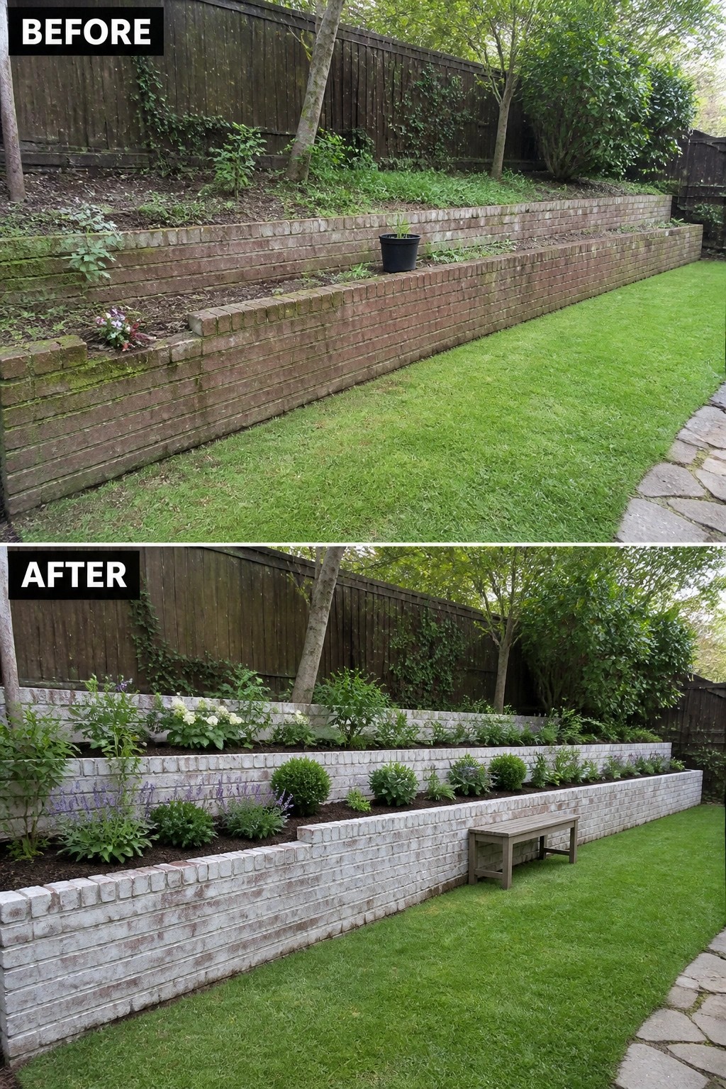 Before-and-after image of a terraced backyard showing mossy red brick walls updated with whitewashed brick and new planted borders.