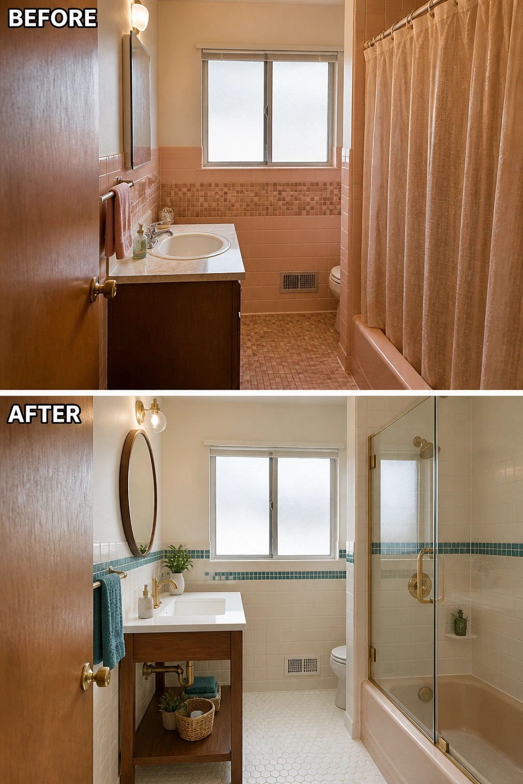 Before-and-after image of a 1960s pink-tiled bathroom updated with white wall tile, a slim teal accent band, and a glass shower door.