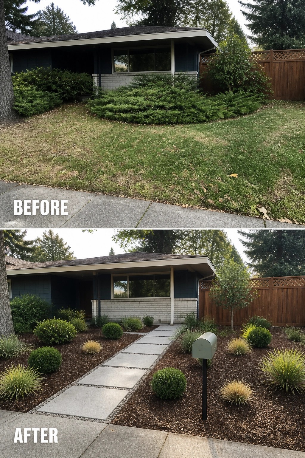 Before-and-after image of an overgrown front yard replaced with defined mulch beds, a central concrete paver path, and low shrubs and ornamental grasses.