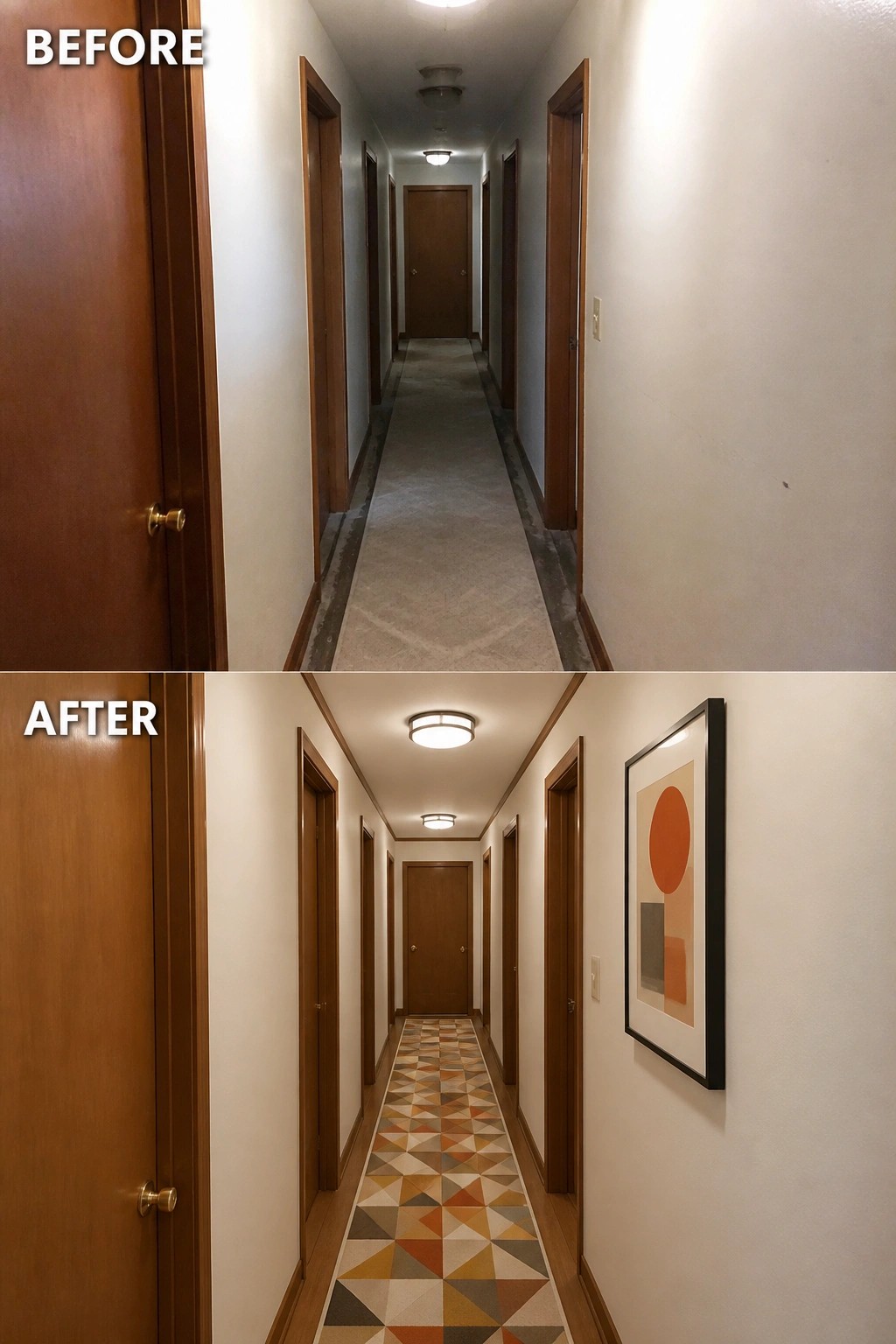 Before-and-after image of a narrow midcentury hallway updated with a geometric runner rug, new ceiling lights, and framed wall art.