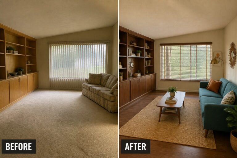 Split before-and-after living room: wood built-ins, large window, carpet-to-dark-floor, teal sofa, coffee table.