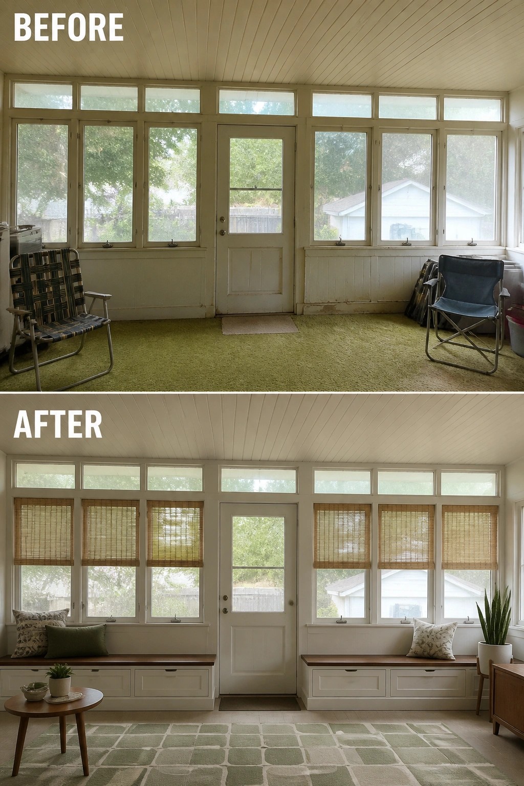Before-and-after image of an enclosed porch updated with built-in bench seating, bamboo shades, and a rug.