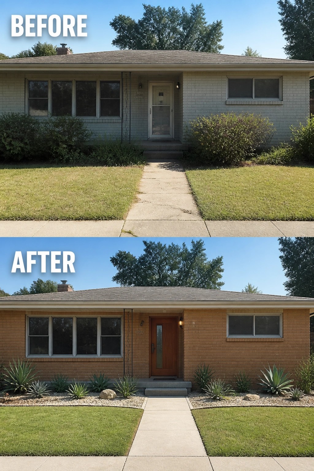 Before-and-after image of a mid-century ranch front updated with a new wood front door and defined gravel planting beds with low succulents.