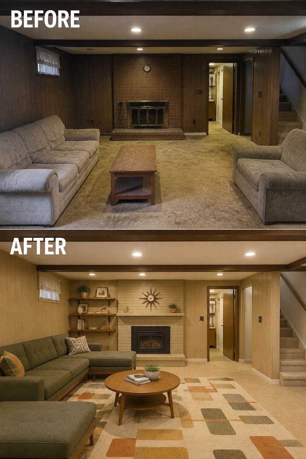 Before-and-after image of a dated basement living room updated by painting the fireplace brick, adding shelving and a mantel, and arranging new seating and a rug.