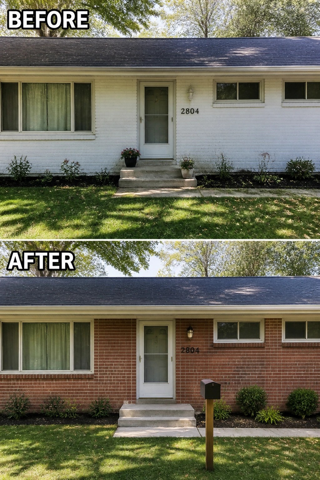 Before-and-after image of a painted brick ranch front changed to exposed red brick with a new porch lantern, house numbers, mailbox, and tidier planting beds.