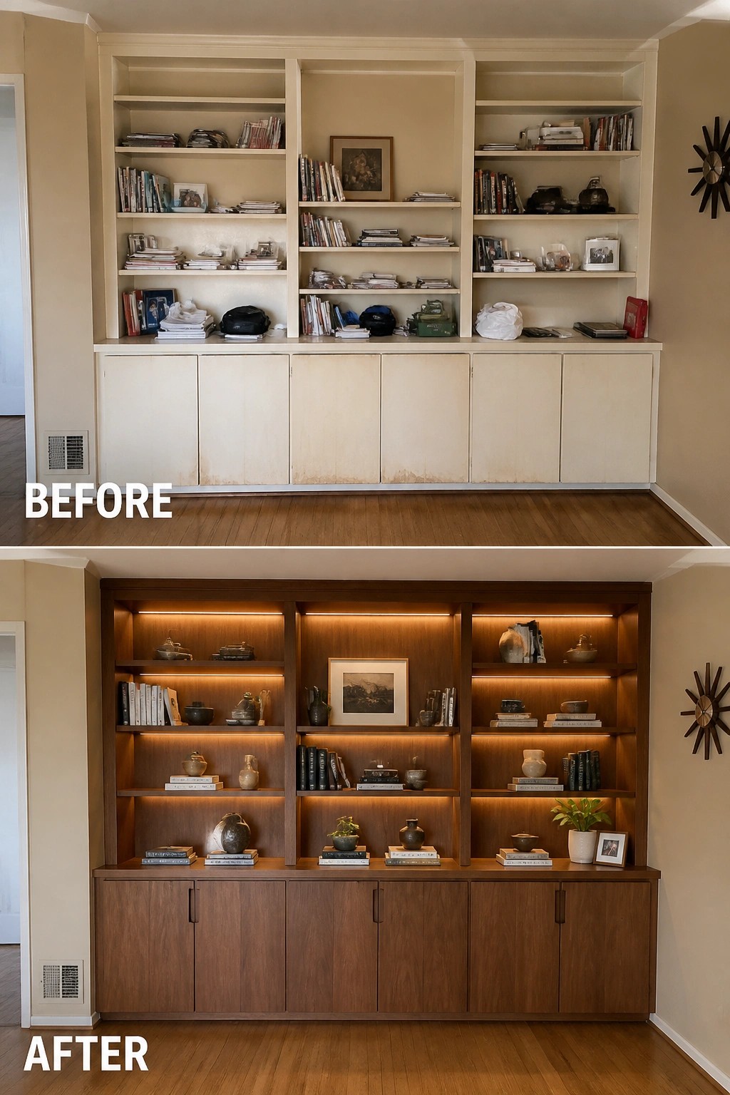 Before-and-after image of an interior built-in bookshelf and cabinet updated from painted beige, cluttered shelves to walnut-finished shelving with integrated LED shelf lighting and styled objects.