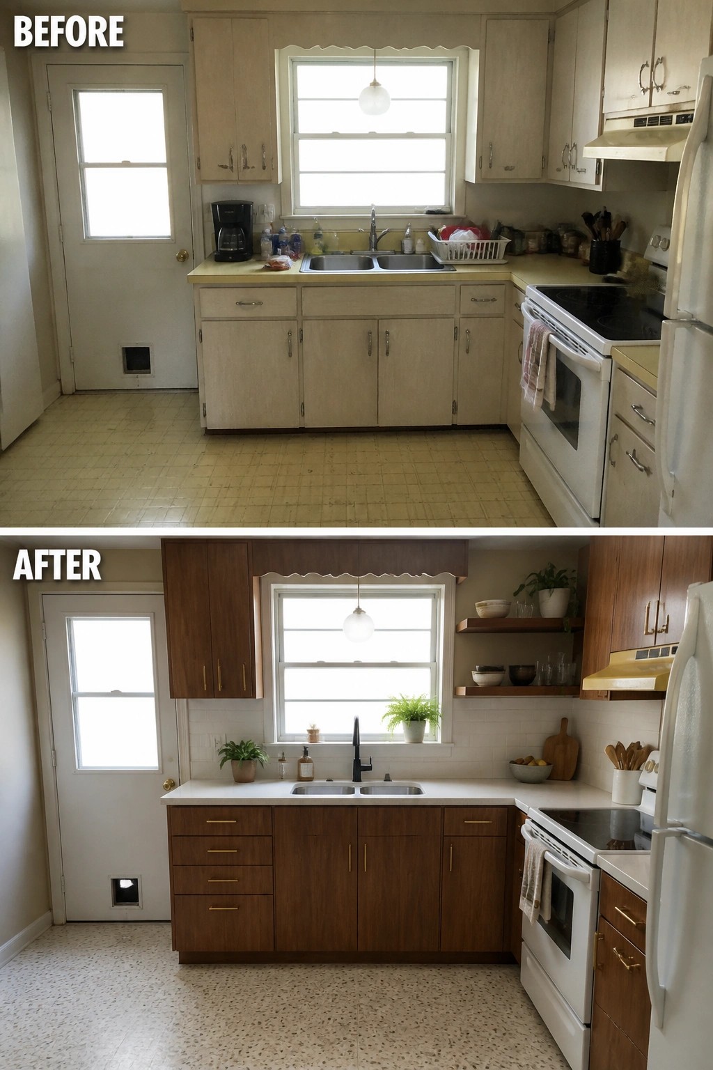 Before-and-after image of a small 1960s ranch kitchen showing pale, dated cabinets and yellow counters updated to warm wood-tone flat cabinets with brass hardware, white countertop, and subway tile.