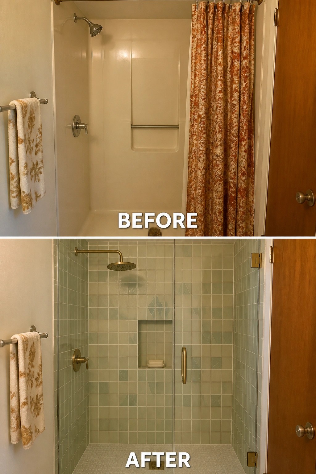 Before-and-after image of a bathroom where a plain plastic shower surround and curtain were replaced with a tiled shower, glass door, niche, and brass fixtures.