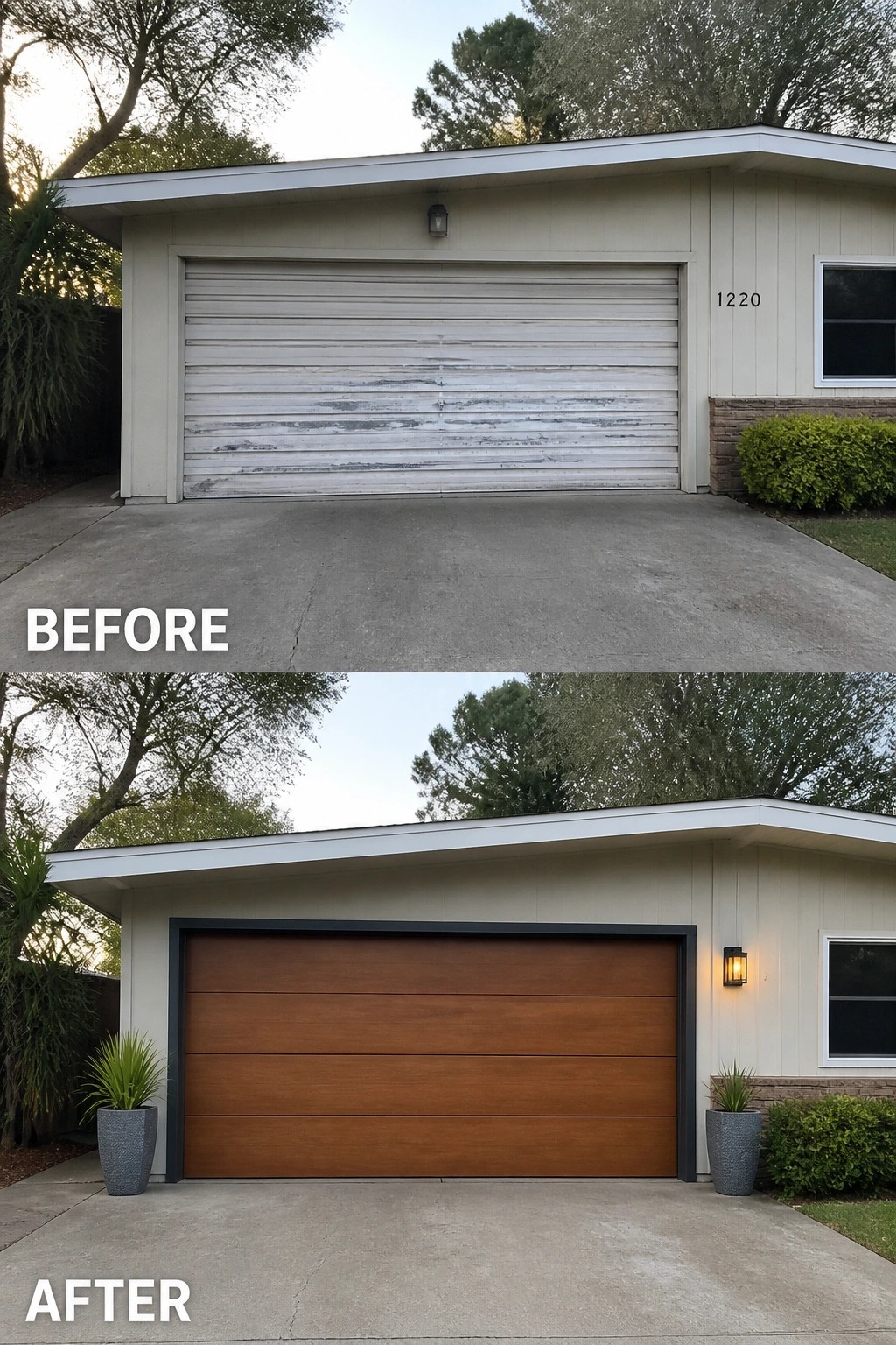 Before-and-after image of a 1960s ranch showing a worn white roll-up garage door replaced by a flush wood-look sectional door with dark trim, planters, and a new wall light.