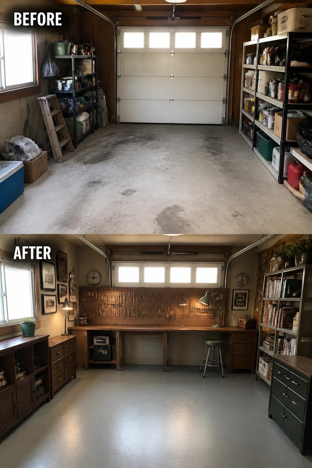 Before-and-after image of a plain one-car garage converted into