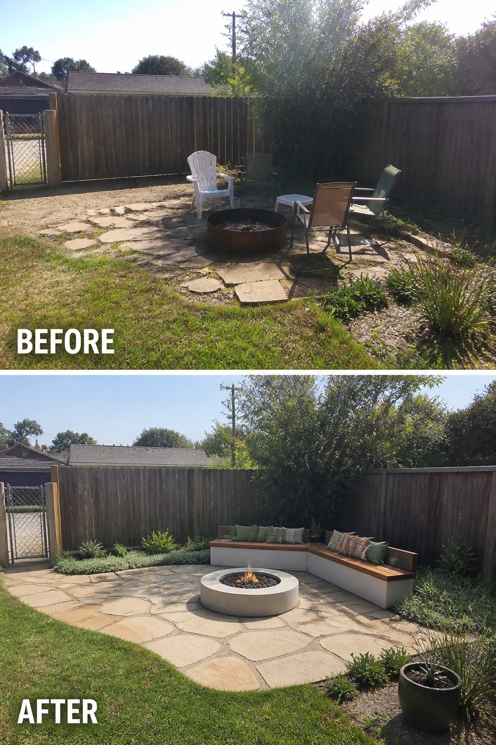 Before-and-after image of a backyard where a rusty fire ring and scattered chairs are replaced by a paved patio with a low concrete fire pit, an L-shaped built-in bench, and planted borders.