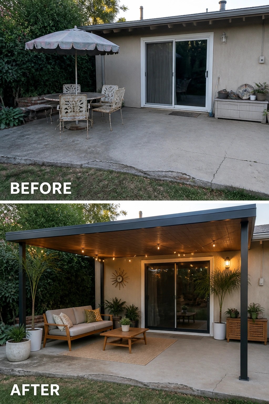 Before-and-after image of a bare concrete patio converted into a covered seating area with a sofa,