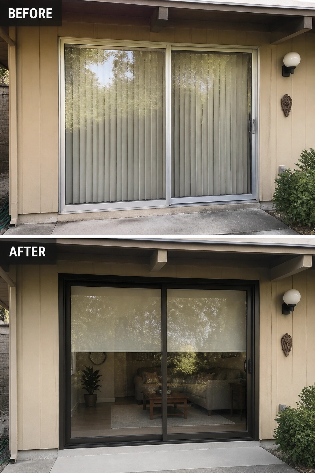 Before-and-after image of a sliding patio door where an old aluminum frame with vertical blinds is replaced by a dark-framed sliding door with a low roller shade and a visible living room.