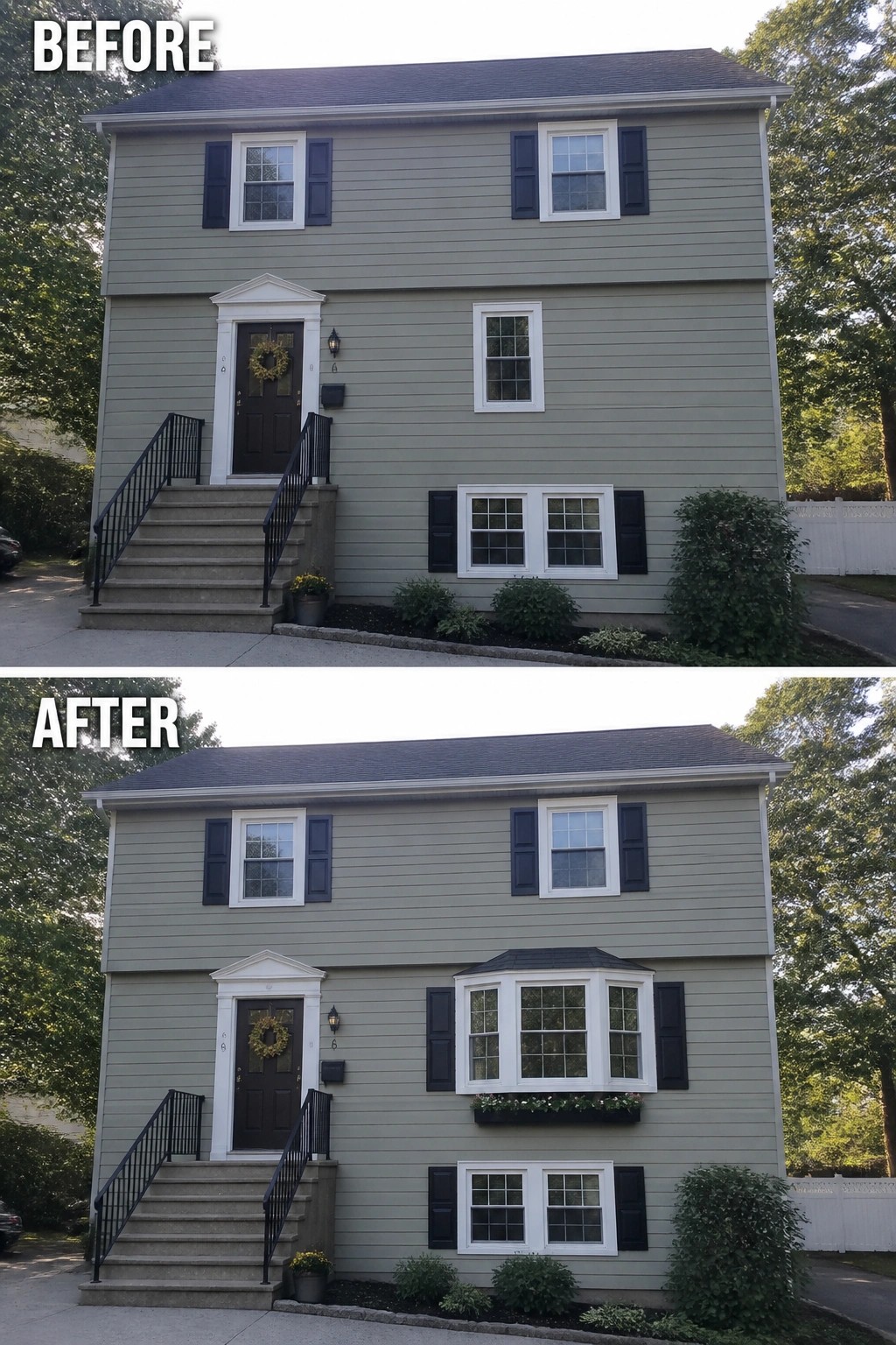 Before-and-after image of a house exterior where a flat second-floor wall gains a projecting bay window with a small roof and flower box.