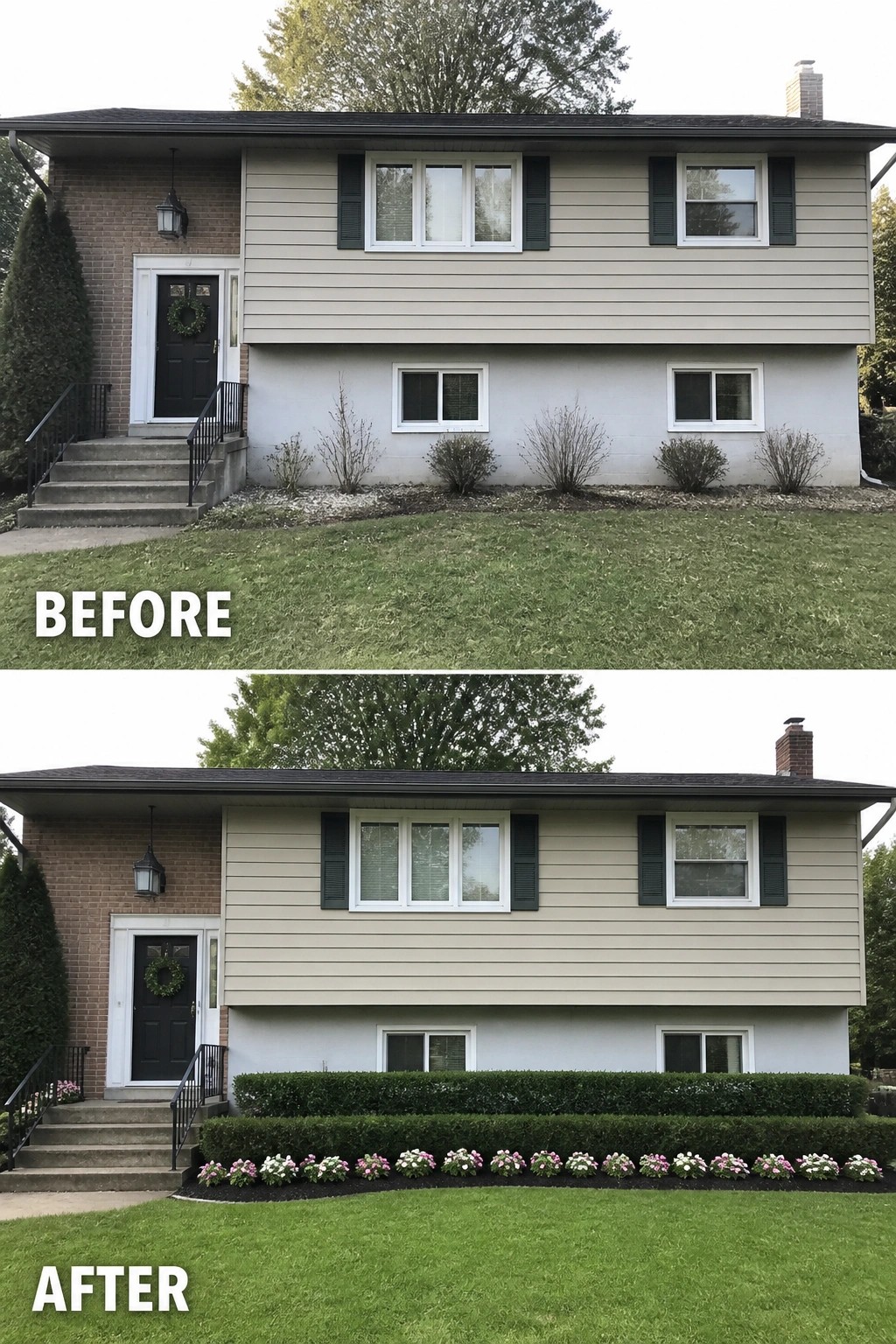 Before-and-after image of a tri-level house where sparse foundation shrubs were replaced by a continuous low evergreen hedge and a neat row of flowering border plants.