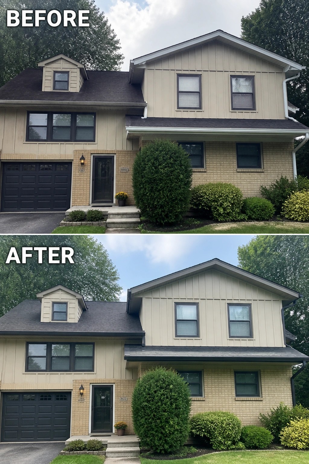 Before-and-after image of a house exterior where an overgrown front shrub was trimmed and landscaping was simplified to reveal the entryway.