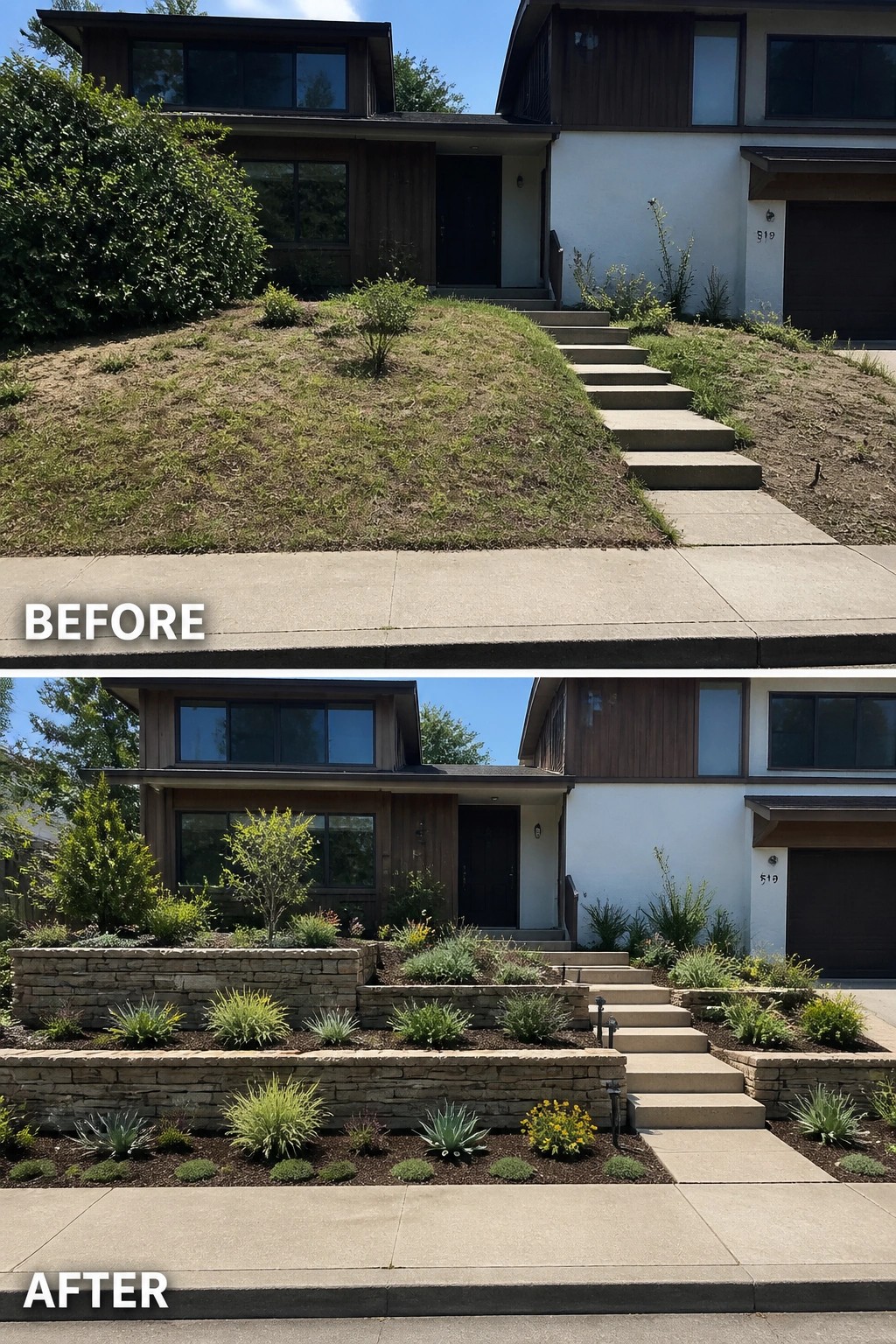 Before-and-after image of a sloped front yard changed from patchy grass to terraced stone retaining walls with layered plantings.
