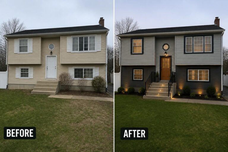 17 Inspiring Tri Level Exterior Transformations That Create Better Visual Balance Before-and-after split exterior of two-story beige house transformed to gray siding, black trim, wooden door