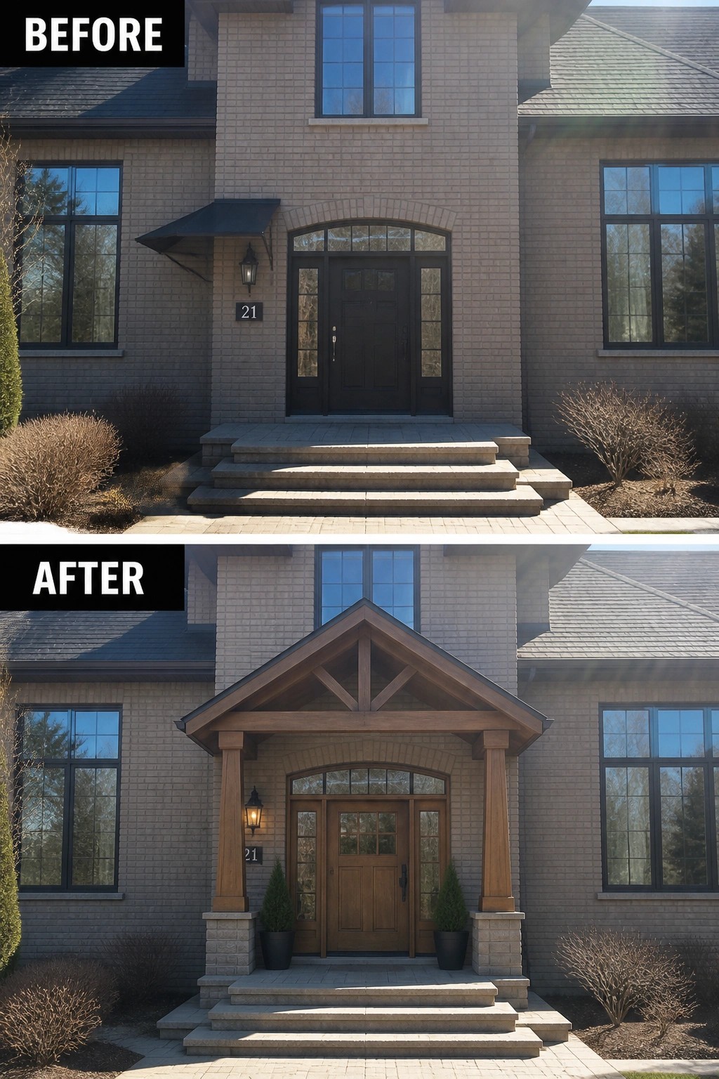 Before-and-after image of a plain brick front entry updated with a new timber gabled porch, a matching wood front door, column bases, and potted plants.