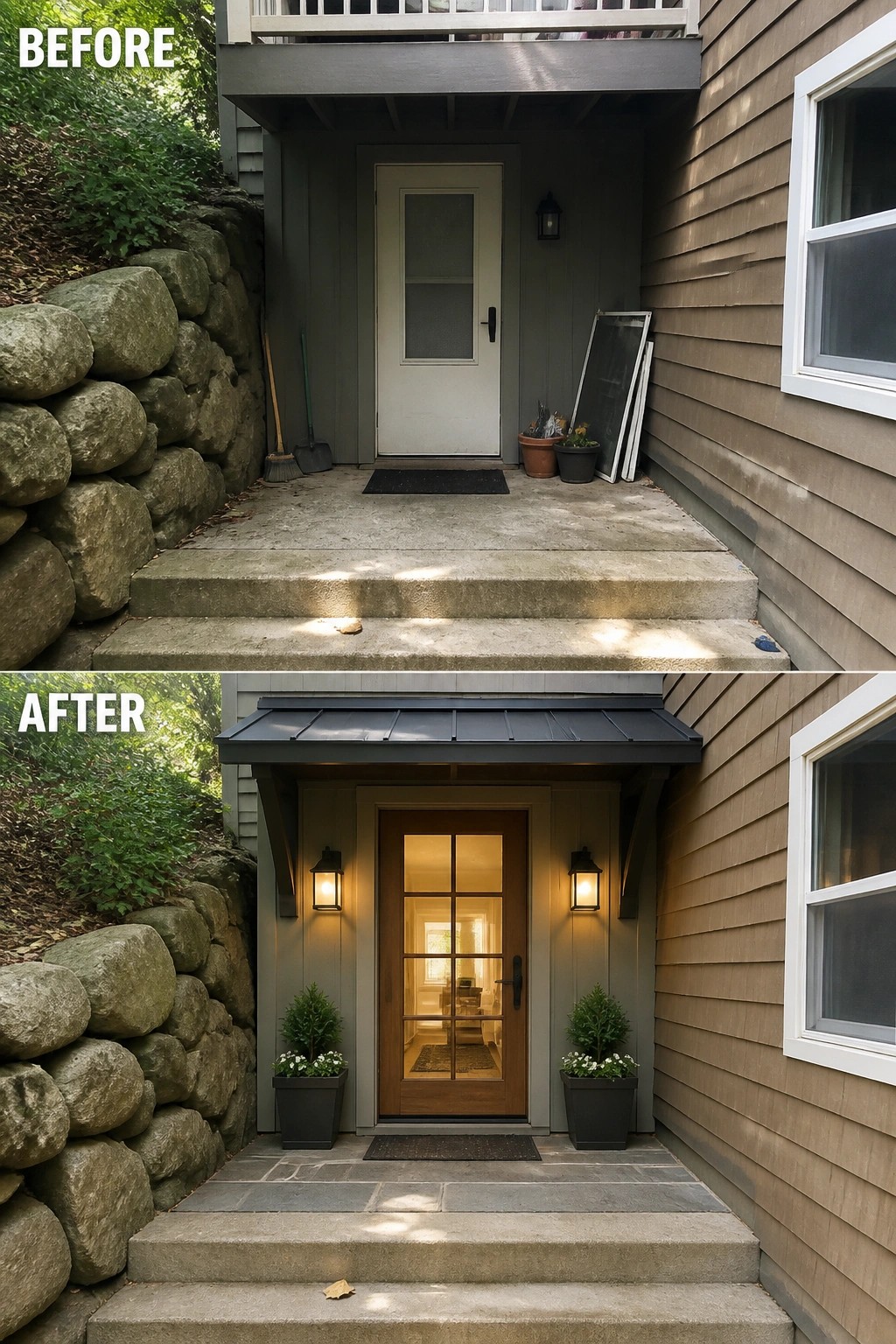Before-and-after image of a plain recessed front porch updated with a glass-paneled wood door, flanking lanterns, planters, and a small canopy.