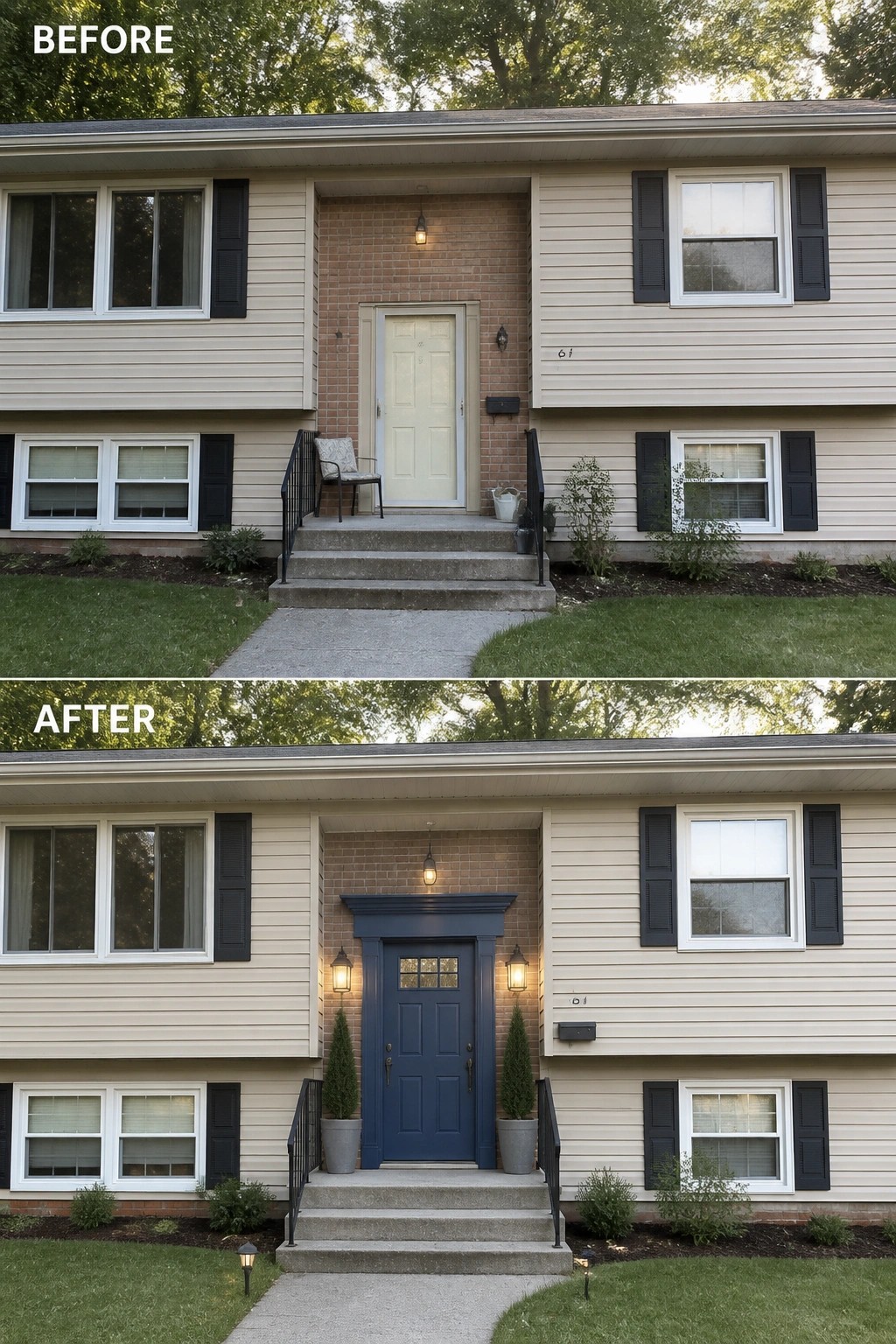 Before-and-after image of a recessed front entry updated with a painted blue door, decorative trim surround, wall lanterns, and matching planters.