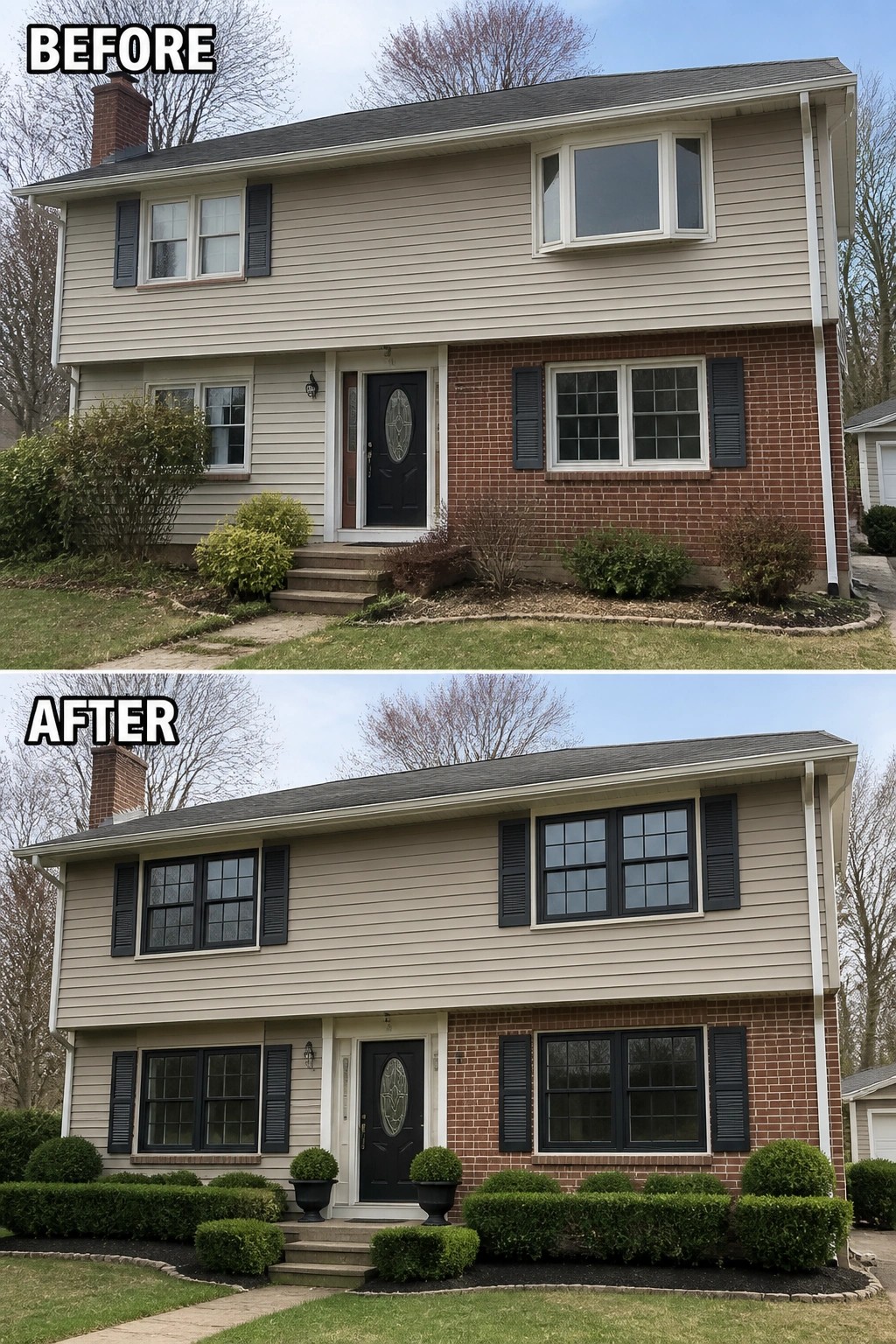 Before-and-after image of a two-story house where overgrown mixed shrubs were replaced by low, clipped hedges and matching planters flanking the front steps.