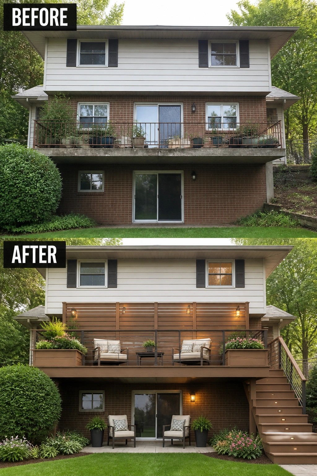 Before-and-after image of a plain second-story balcony converted into a privacy-paneled, furnished deck with planters, lighting, and stairs.