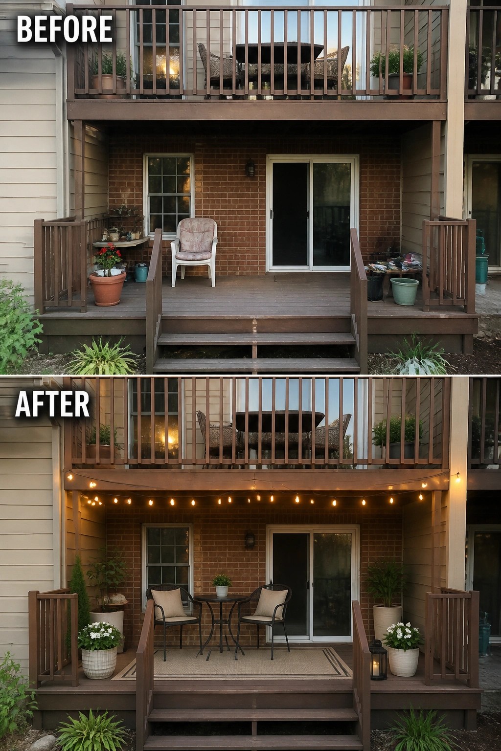 Before-and-after image of a small covered patio turned from cluttered and empty into a tidy seating area with a bistro table, rug, potted plants, and string lights.